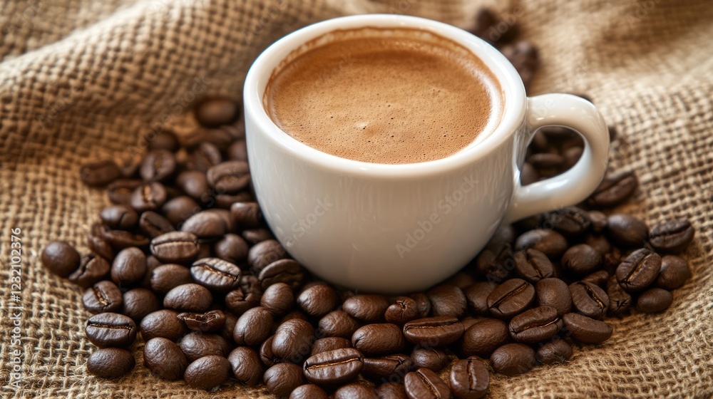 A cup of single-origin coffee with coffee beans arranged around it. A cup of single-origin coffee with coffee beans arranged around it.