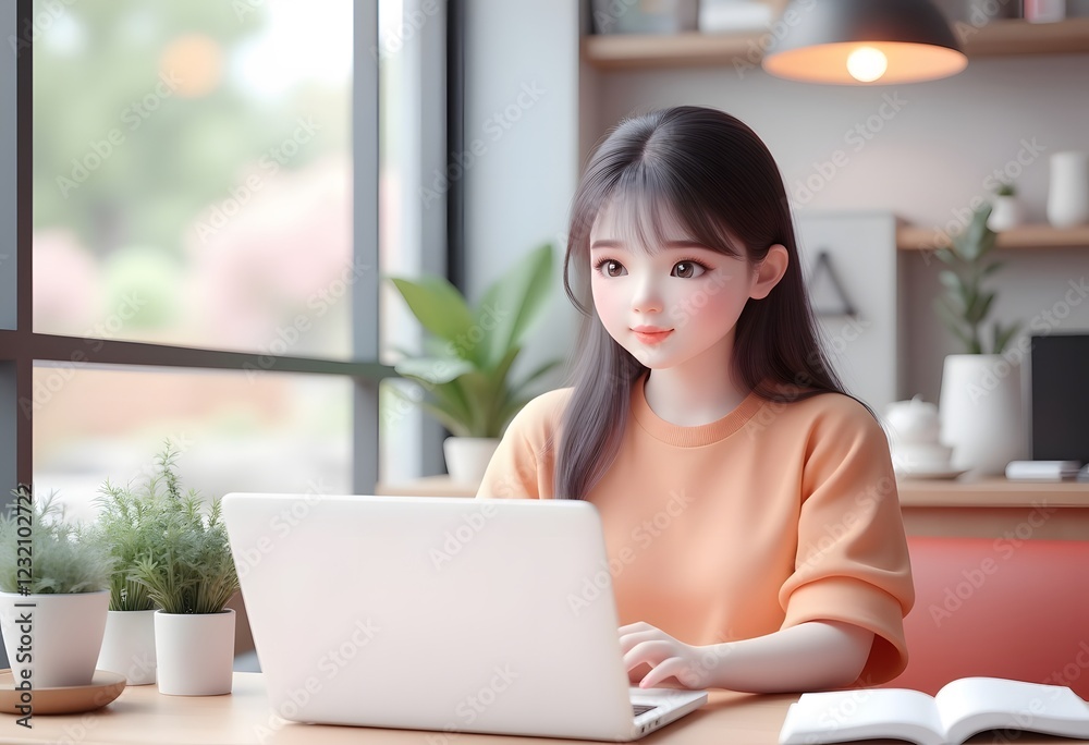 Serene Girl Working on Laptop: Soft Digital Art Serene Girl Working on Laptop: Soft Digital Art