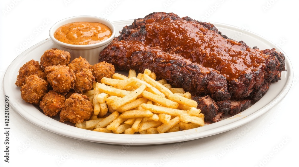 Delicious Barbecue Ribs Plate with Crispy Fries and Fried Chicken Bites on White Background Delicious Barbecue Ribs Plate with Crispy Fries and Fried Chicken Bites on White Background