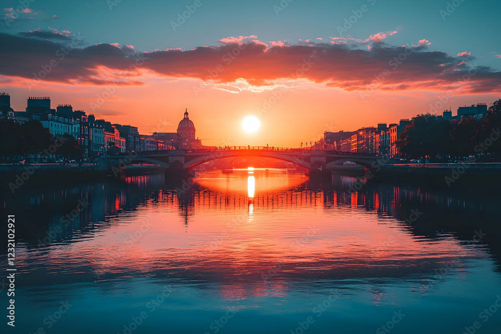 Naklejka premium City sunset, bridge reflection, river calm