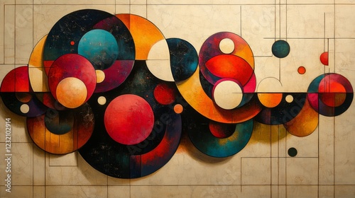 Abstract Composition of Interlocking Circles in Vibrant Hues