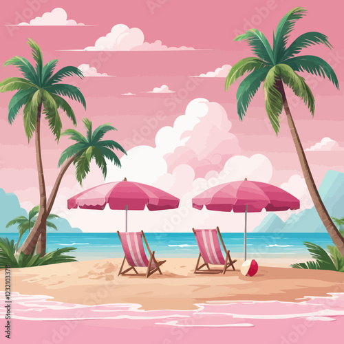 Summer sale, three pink podium display, coconut trees, pile of sand, beach umbrella, beach chair and beach ball, banner design, on cloud and sky pink background