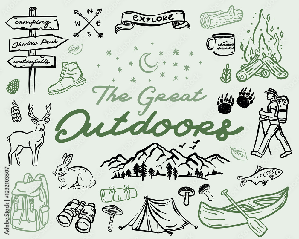 Beautiful whimsical hand drawn style The Great Outdoorsillustration set, vector element collection