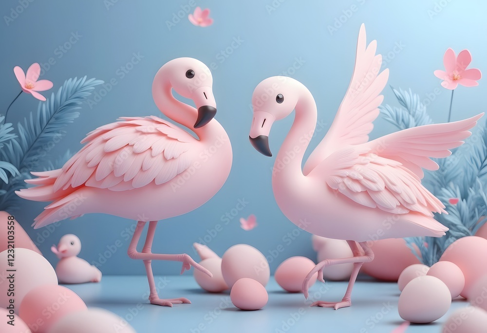 Fototapeta premium Pastel Pink Flamingos: A Delicate 3D Artistic Scene