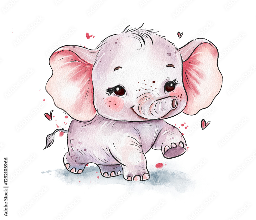 Cute Watercolor Baby Elephant with Hearts Cute Watercolor Baby Elephant with Hearts