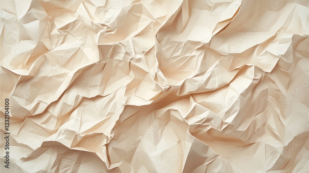 Obraz premium A textured close-up of crumpled beige paper, showcasing its intricate folds and creases, ideal for backgrounds or artistic projects.
