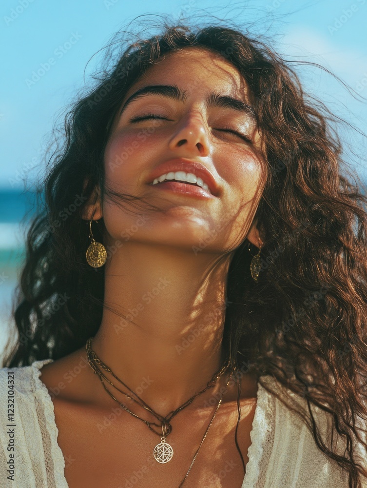 Woman with long brown hair and necklace Woman with long brown hair and necklace
