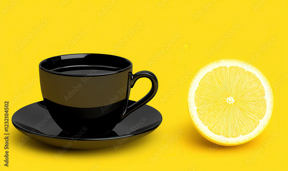Black Cup of Hot Beverage with Lemon Slice on Yellow Background, Minimalist Design, Refreshing Drink Concept for Summer and Wellness Black Cup of Hot Beverage with Lemon Slice on Yellow Background, Minimalist Design, Refreshing Drink Concept for Summer and Wellness