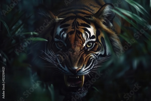 fierce bengal tiger emerging from dense jungle foliage, displaying powerful fangs, intense eyes, dramatic lighting photo