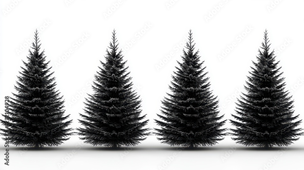 Obraz premium Four black silhouette Christmas trees arranged in a row against a white background. Simple, elegant, and minimalist design, suitable for holiday