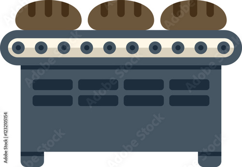Freshly baked bread loaves moving along a conveyor belt in a bakery factory