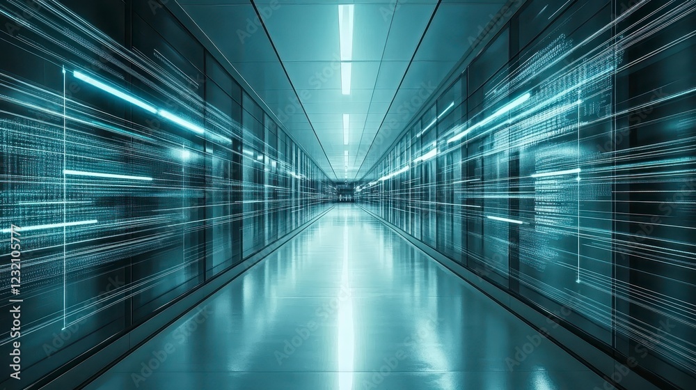 Abstract image of a futuristic server room with glowing data streams on the walls and a reflective floor. Cool blue tones and a sense of depth create Abstract image of a futuristic server room with glowing data streams on the walls and a reflective floor. Cool blue tones and a sense of depth create