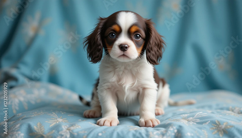 Super adorable typical black with white Border Colie dog pup, sitting up facing front. Looking towards camera with the sweetest eyes. Pink tongue out panting. photo