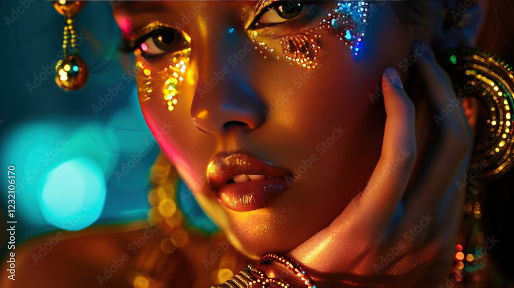 Obraz premium beauty portrait with jewelry, vivid contrast, creative lighting, detailed textures, professional retouching, captivating focus