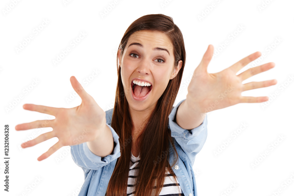 Portrait, hands out or excited woman for good news or celebration for winning bonus prize. Model, palm or face of happy female person in studio on white background with smile, success and achievement Portrait, hands out or excited woman for good news or celebration for winning bonus prize. Model, palm or face of happy female person in studio on white background with smile, success and achievement