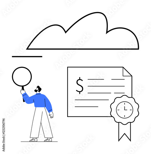 Man holding circular balloon near a financial document with a seal under cloud. Ideal for finance, economy, business, cloud computing, time management, certification, productivity. Abstract line flat