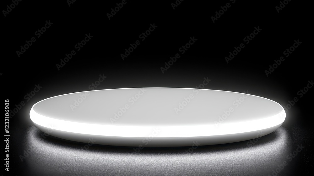 White circular platform with subtle texture, illuminated by a bright white glow, rests on a dark, grainy surface. Minimalist, clean design White circular platform with subtle texture, illuminated by a bright white glow, rests on a dark, grainy surface. Minimalist, clean design