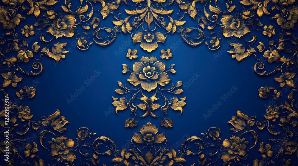 Intricate gold floral pattern on a deep blue background. The design is symmetrical and features embossed rose motifs. Luxurious and elegant, ideal Intricate gold floral pattern on a deep blue background. The design is symmetrical and features embossed rose motifs. Luxurious and elegant, ideal