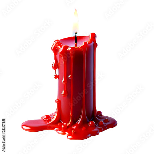 Isolated red candle with melting wax and blazing flame