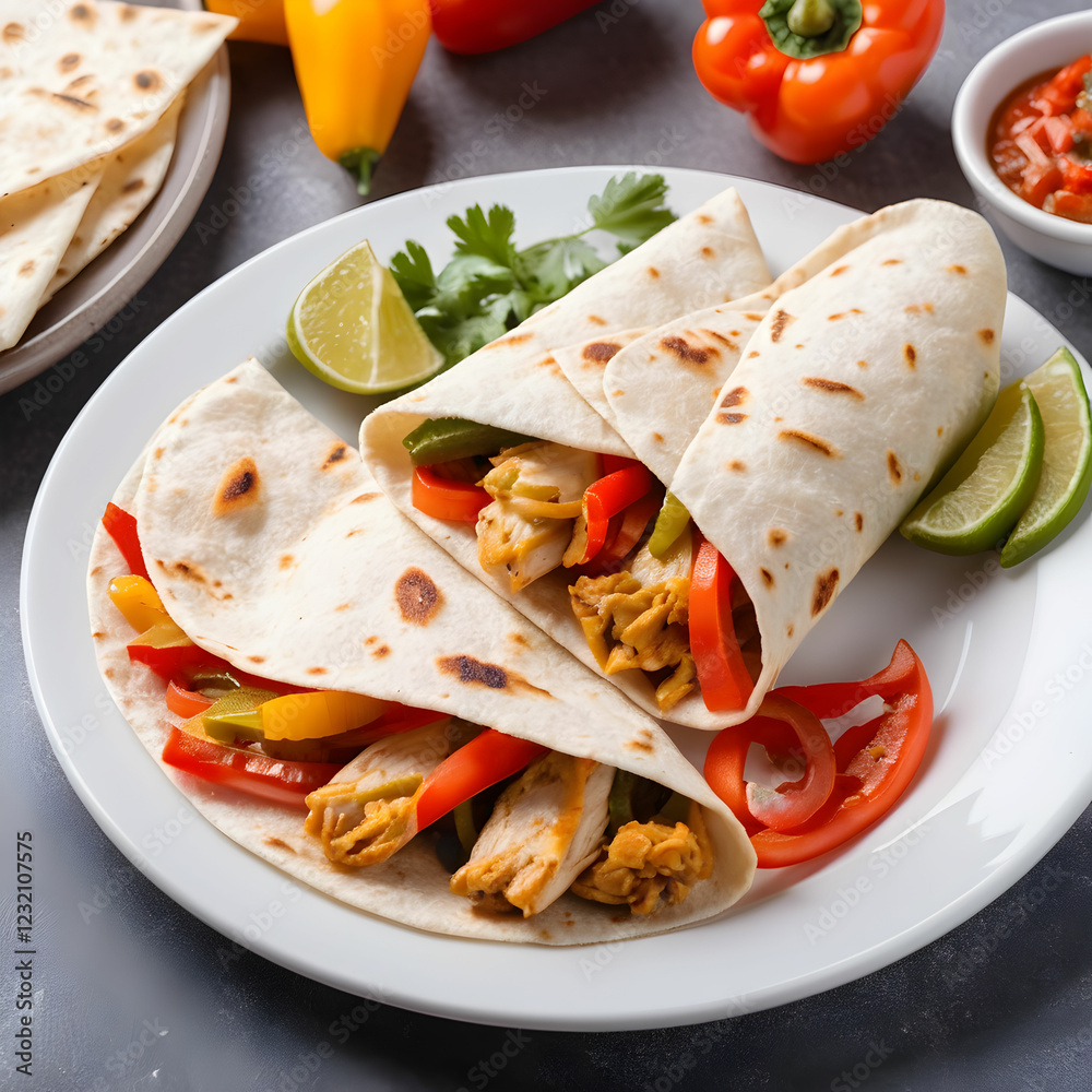 Chicken fajita features seasoned chicken fillets fried with bell peppers, Chicken fajita features seasoned chicken fillets fried with bell peppers,