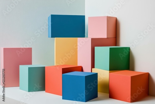 Colorful geometric blocks in pastel shades arranged in a modern setting, showcasing contemporary design and creative composition Perfect for business branding and art displays