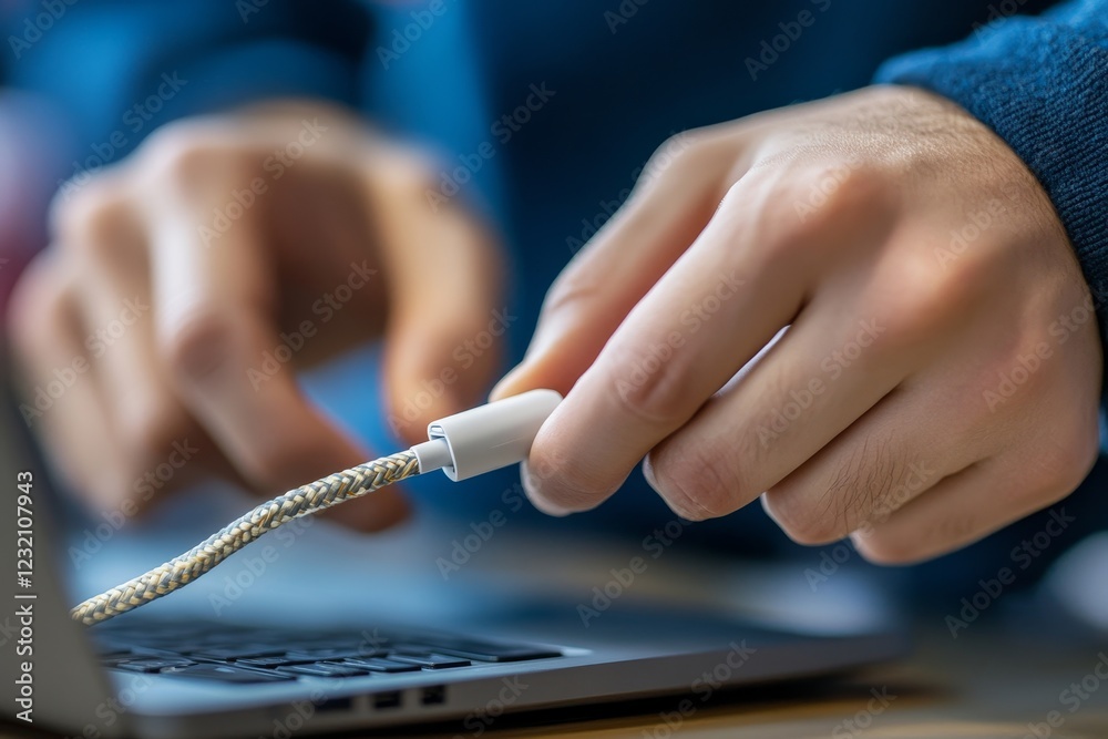 Obraz premium Close-up hands pull off electronic device plug after finish used