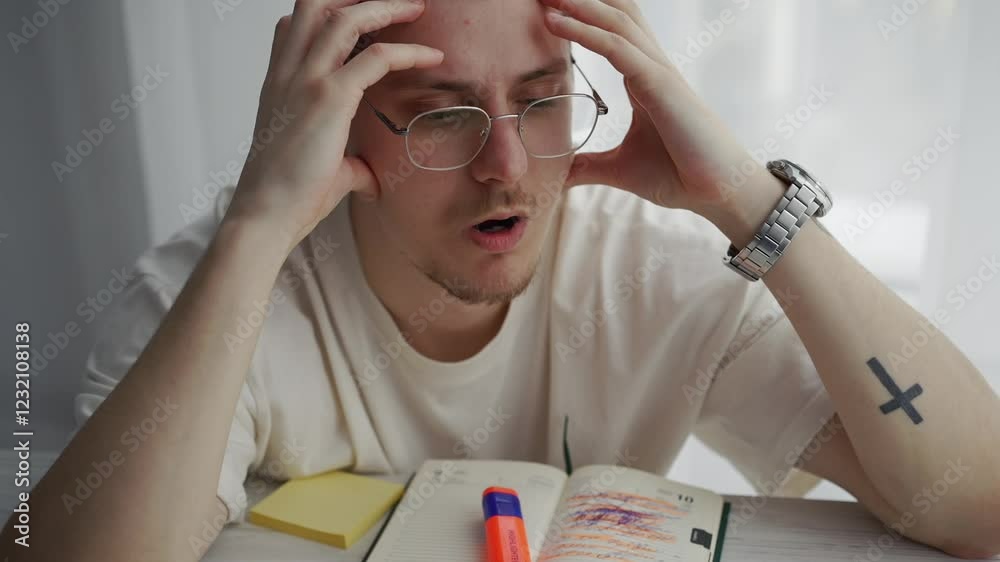 Stressed Young Man Studying at Home with Open Book and Highlighter