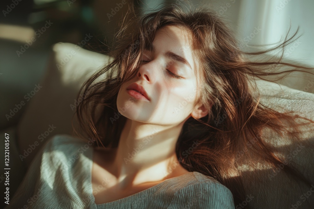 Brain stroke or low blood pressure symptom on people medical concept. Young beautiful woman has a dizziness and motion blurry during standing off sofa Brain stroke or low blood pressure symptom on people medical concept. Young beautiful woman has a dizziness and motion blurry during standing off sofa