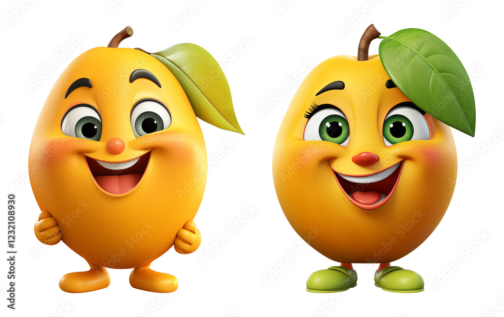 Fototapeta premium Happy Cartoon Mango Characters with Leaves