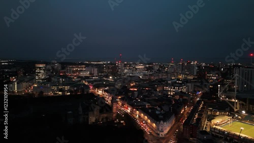 Cardiff City Center and Cardiff City Stadium at Dusk