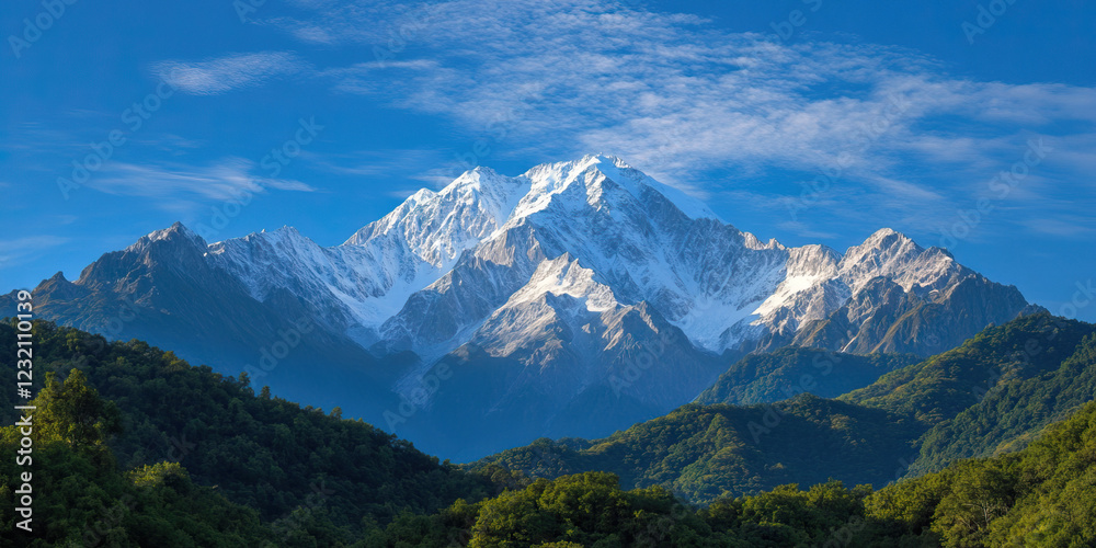 Fototapeta premium Snow-Capped Mountain Range and Forested Foothills