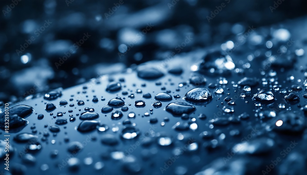 Water Droplets on Dark Blue Surface Closeup Macro Shot Water Droplets on Dark Blue Surface Closeup Macro Shot
