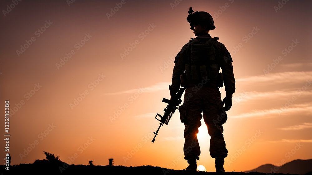 Silhouette of a soldier standing at sunset with a rifle, looking towards the horizon.