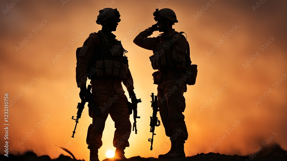 Fototapeta premium Silhouette of two soldiers with rifles, one saluting, at sunset.