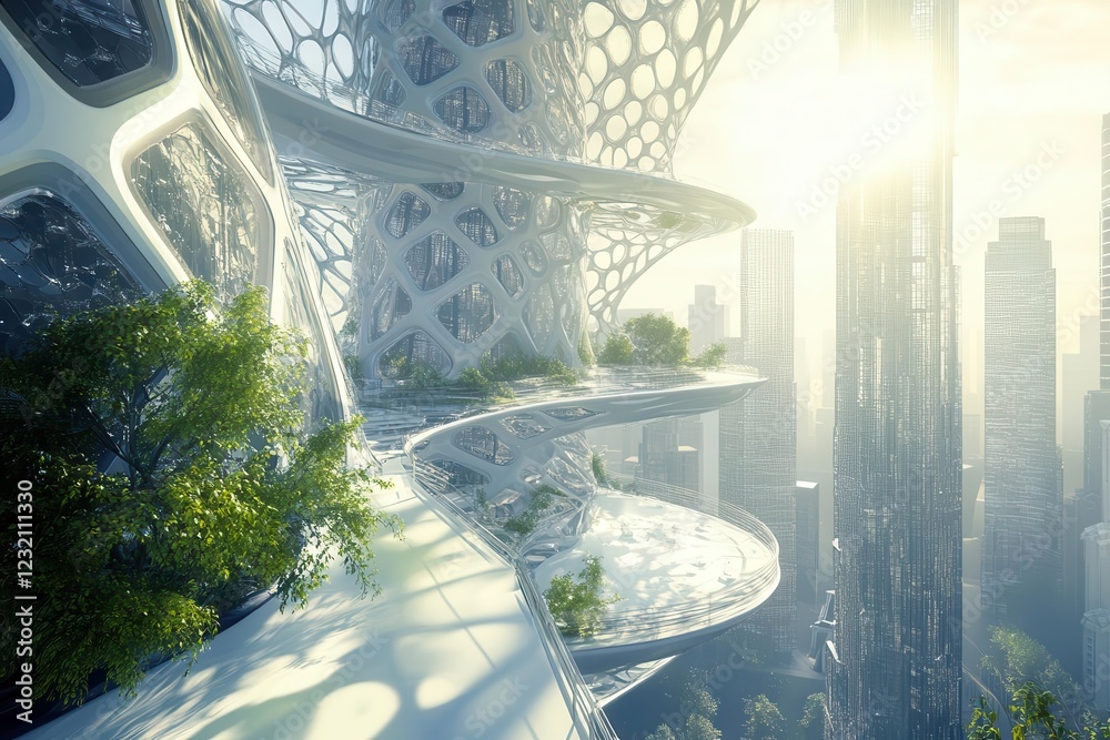 Obraz premium futuristic biomimetic skyscraper interior with floating glass platforms, spiral carbon fiber staircases, ambient light filtering through honeycomb windows, chrome and bamboo details