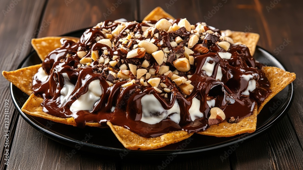 A plate of nachos covered in melted white chocolate and crushed nuts. A plate of nachos covered in melted white chocolate and crushed nuts.