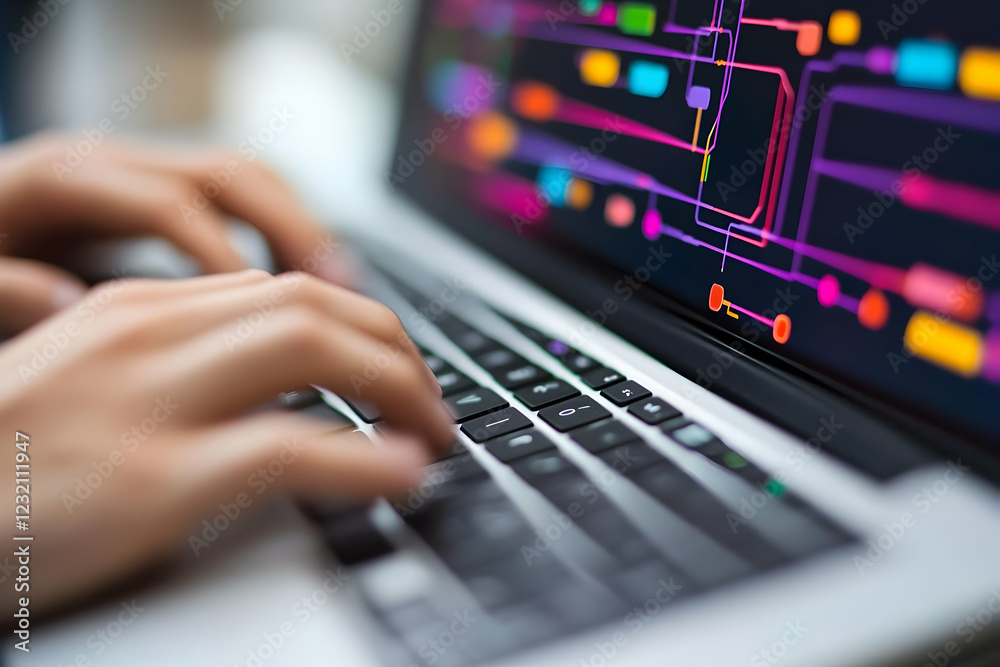 Programmer coding on laptop, office background Programmer coding on laptop, office background