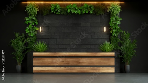 Modern Reception Area with Green Plants and Wooden Counter Design