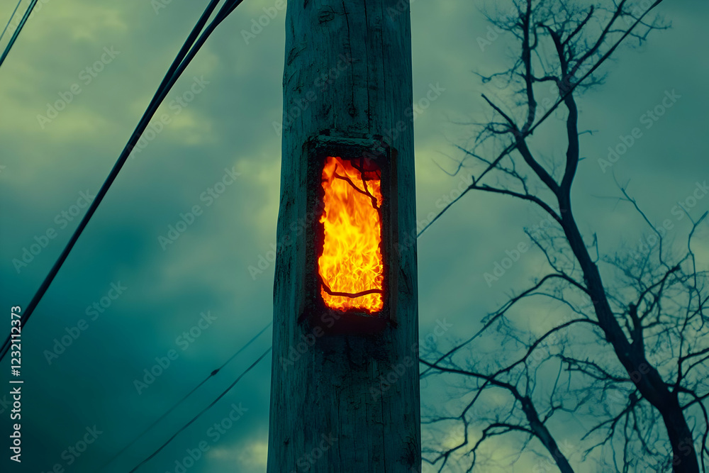 Fototapeta premium Burning utility box on pole, stormy sky