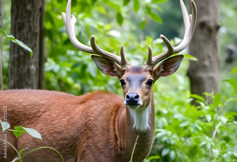 Fototapeta premium Majestic Deer in Lush Forest: A Serene Wildlife Portrait