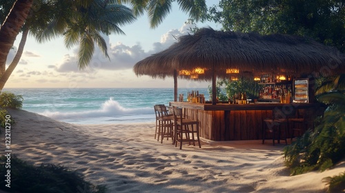 Tropical beach bar sunset ocean view