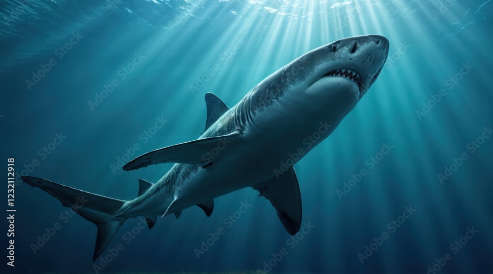 Fototapeta premium Impressive shark in the deep sea, gliding effortlessly through sunlit waters, strong tail and dorsal fin cutting through the light-filled ocean