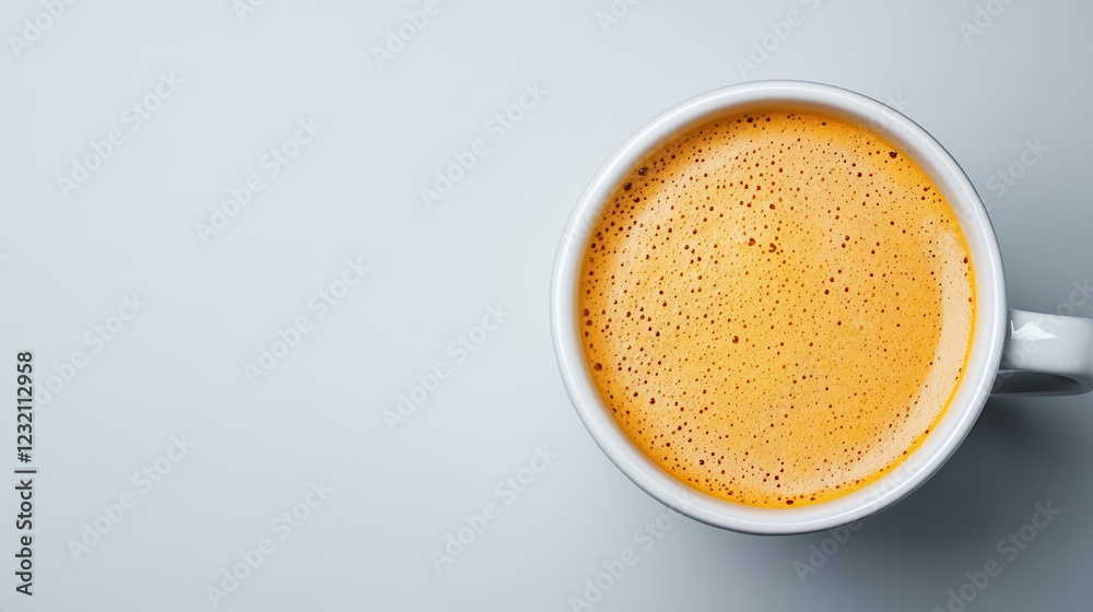 Warm Coffee in White Mug on Light Gray Background Warm Coffee in White Mug on Light Gray Background