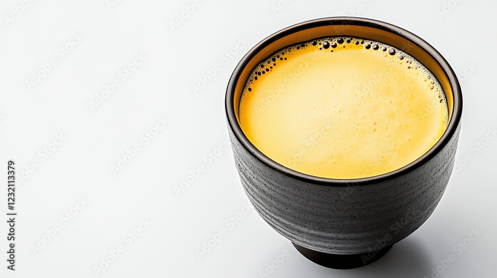 Warm Golden Beverage in Dark Ceramic Cup on White Background Warm Golden Beverage in Dark Ceramic Cup on White Background