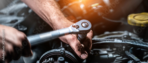 Auto mechanic working in garage. Repair service. Motion blur shot photo