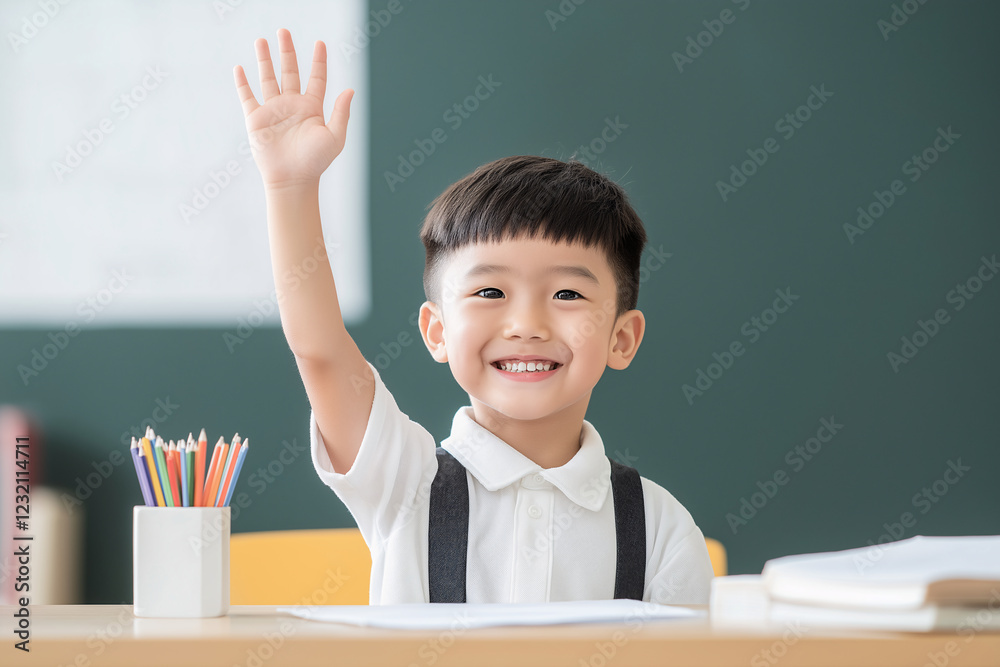 Happy Schoolboy Raising Hand in Classroom – Education, Learning, and Childhood Development Happy Schoolboy Raising Hand in Classroom – Education, Learning, and Childhood Development