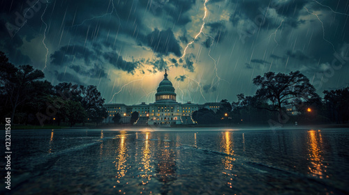 Capitol Hill in a thunderstorm, dramatic lightning illuminating the dome