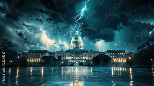 Capitol Hill in a thunderstorm, dramatic lightning illuminating the dome