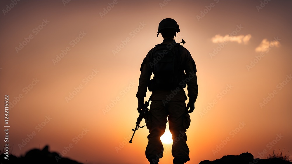 Fototapeta premium Silhouette of a soldier standing with a rifle at sunset.