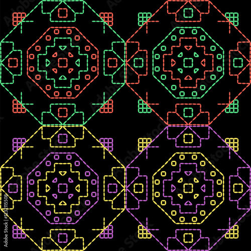 India stitch Kasuti embroidery abstract artwork seamless geometric pattern printed background fabric wallpaper hand drawn line colorful black ethnic

